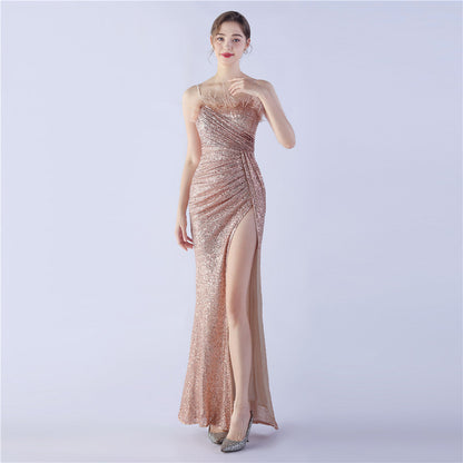 Ostrich Beaded Side Split Formal Dress