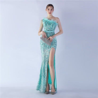 Fur Slant Neck One Shoulder Formal Dress