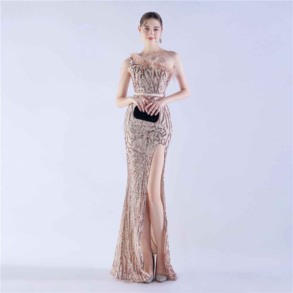 Fur Slant Neck One Shoulder Formal Dress
