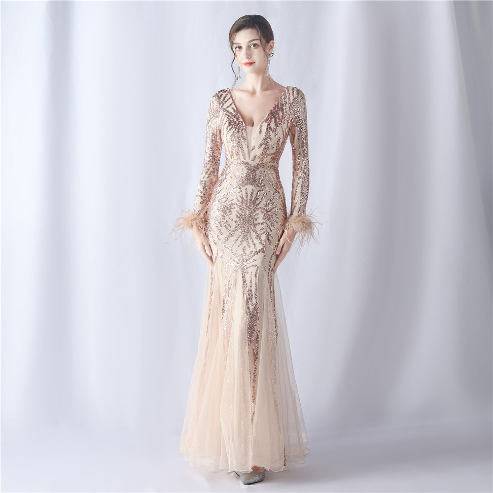 Ostrich Fur Mesh Beaded Formal Dresses