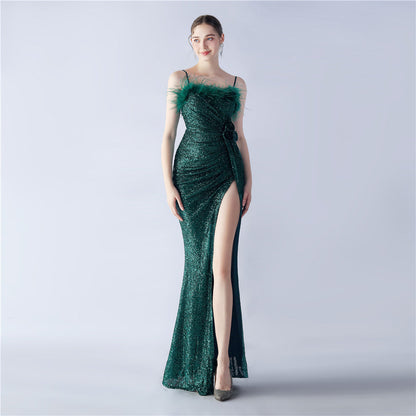 Fur Crafted Flower Formal Dress