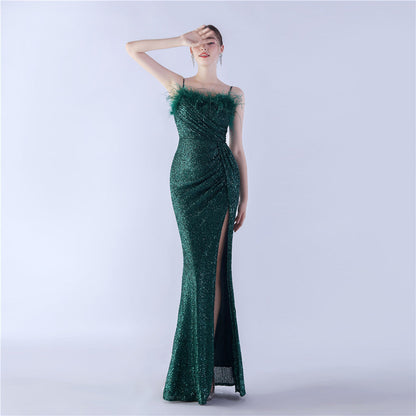 Ostrich Beaded Side Split Formal Dress