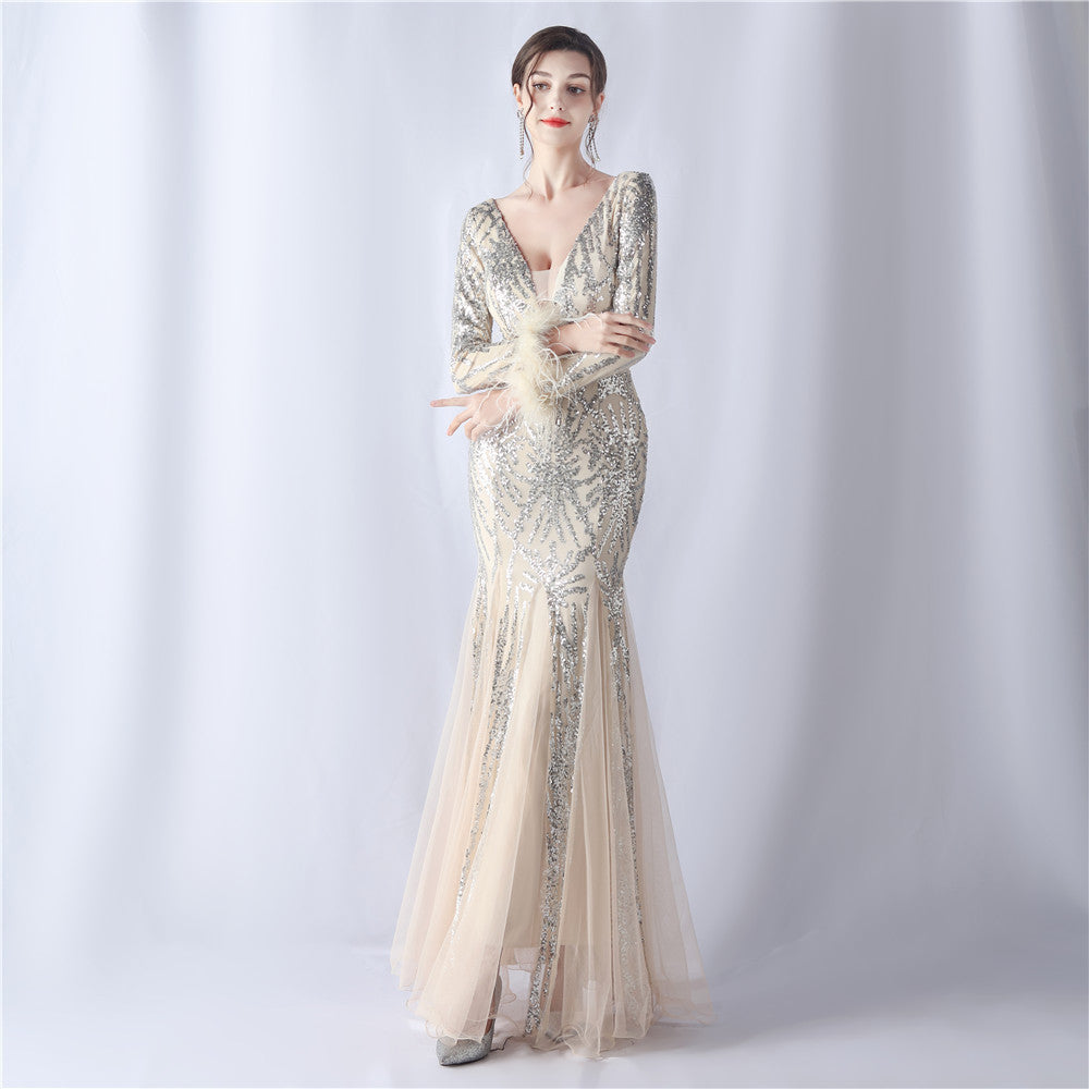 Ostrich Fur Mesh Beaded Formal Dresses
