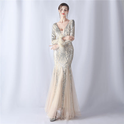 Ostrich Fur Mesh Beaded Formal Dresses