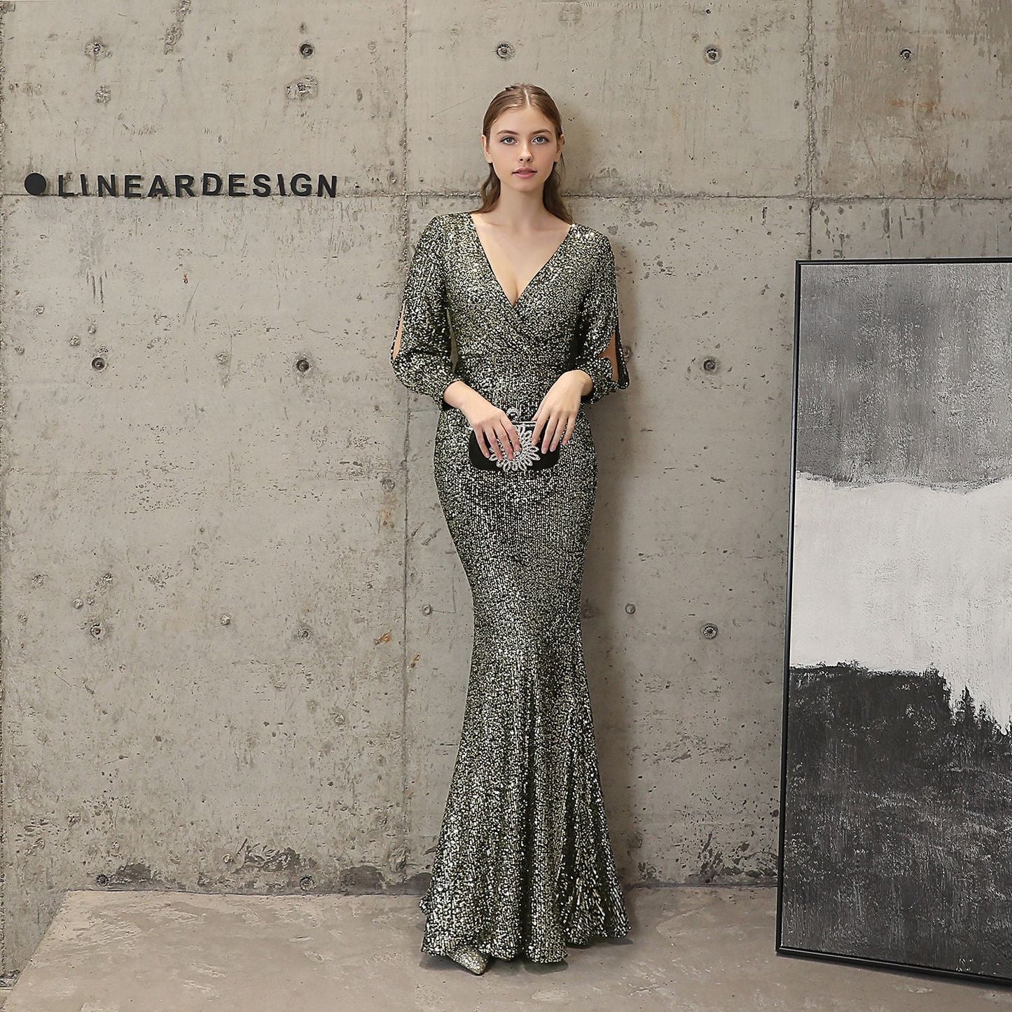 Sleeve Sequin Formal Dress