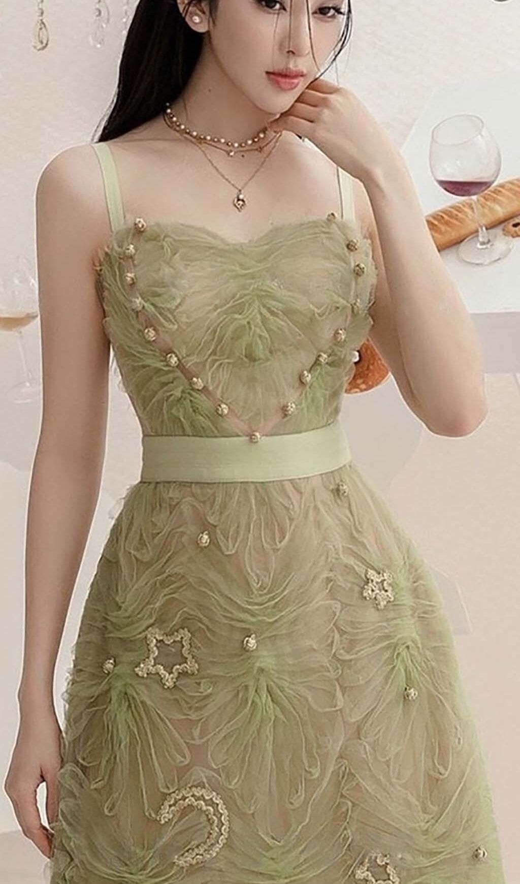 スパゲッティストラップメッシュミディドレス