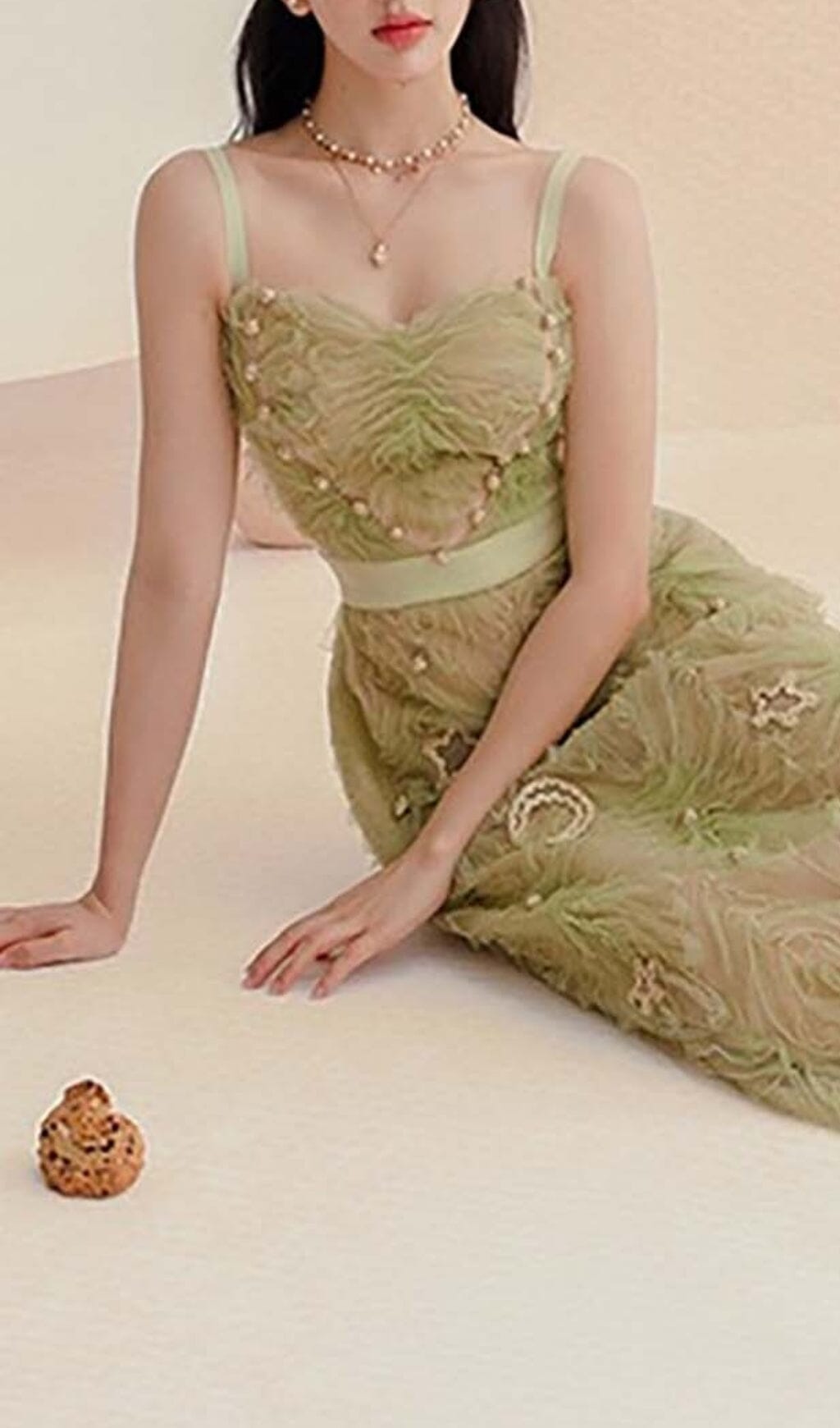 スパゲッティストラップメッシュミディドレス