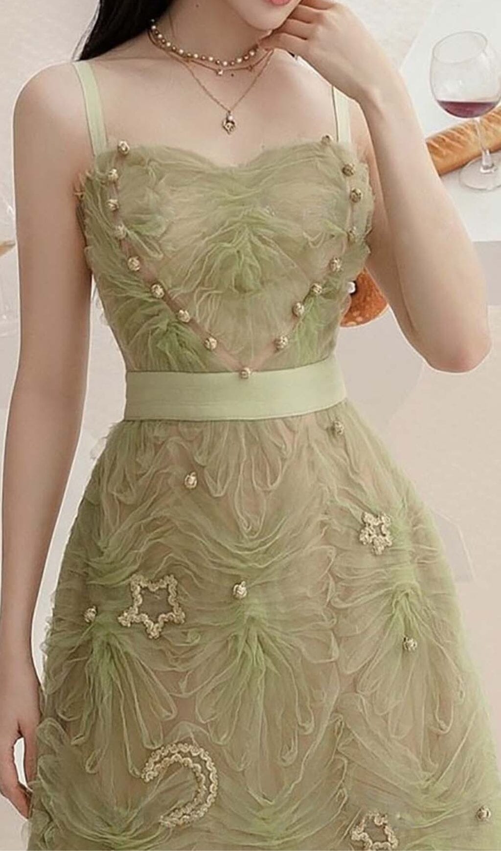 スパゲッティストラップメッシュミディドレス