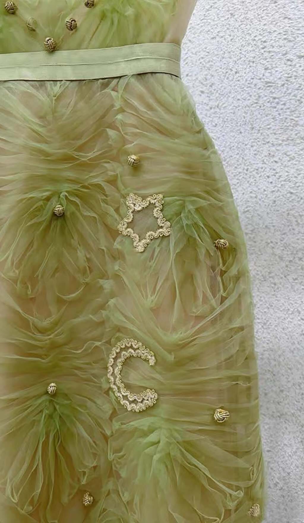 スパゲッティストラップメッシュミディドレス