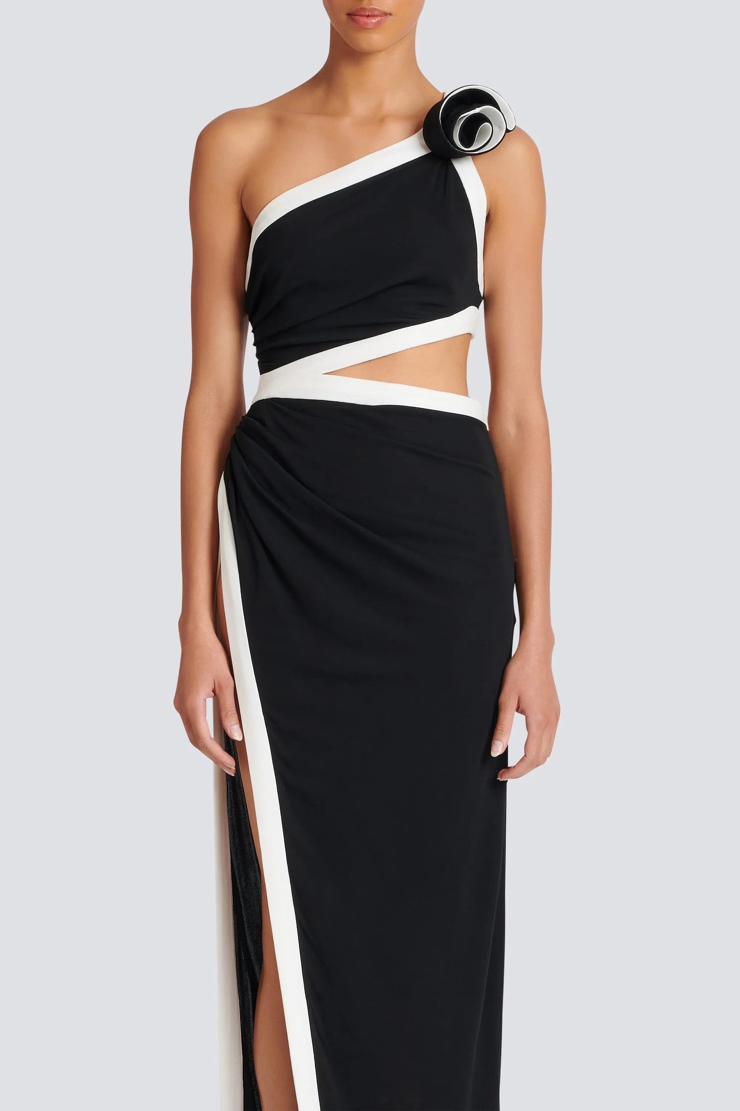 SALOME ASYMMETRIC FLORAL APPLIQUE MAXI DRESS