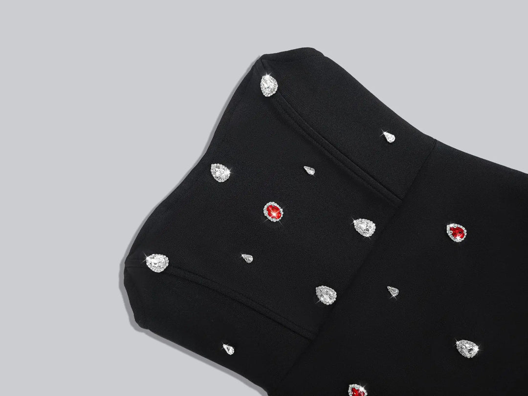 heloise black Strapless bandage mini dress with diamond embellishments