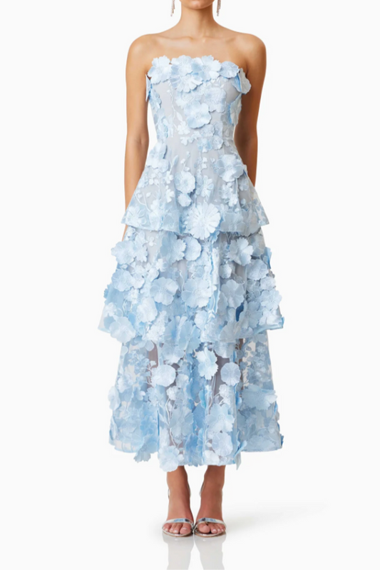 セレーネ 3Dフラワー ティアード マキシドレス（ブルー）