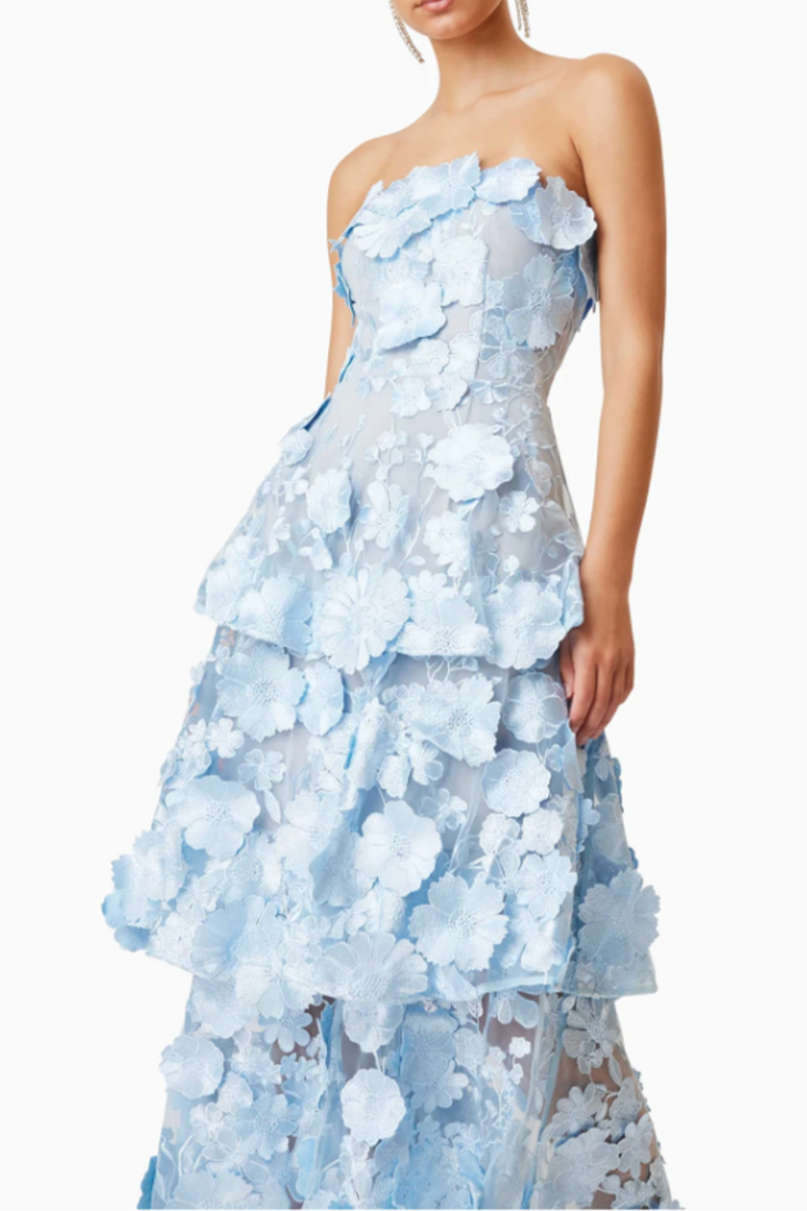 Selene 3D flower Tiered Maxi Dress In Blue