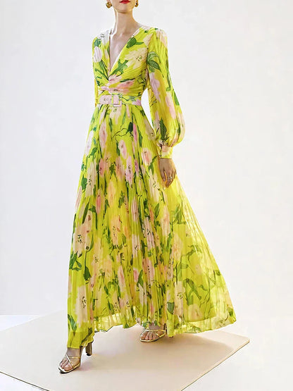 jennifer floral print pleated lantern sleeve maxi dress in yellow