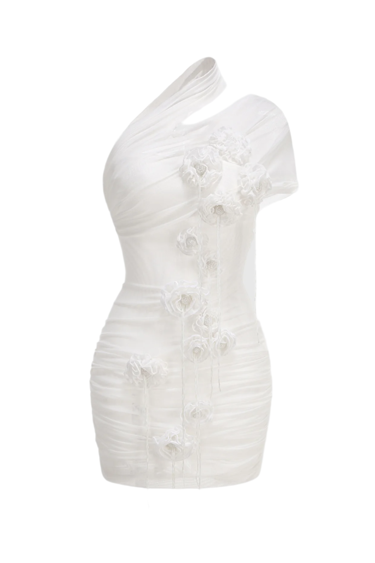 One Shoulder Floral Mesh Ruched Mini Dress