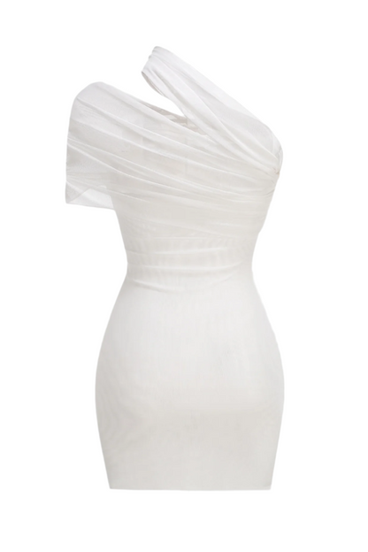 One Shoulder Floral Mesh Ruched Mini Dress
