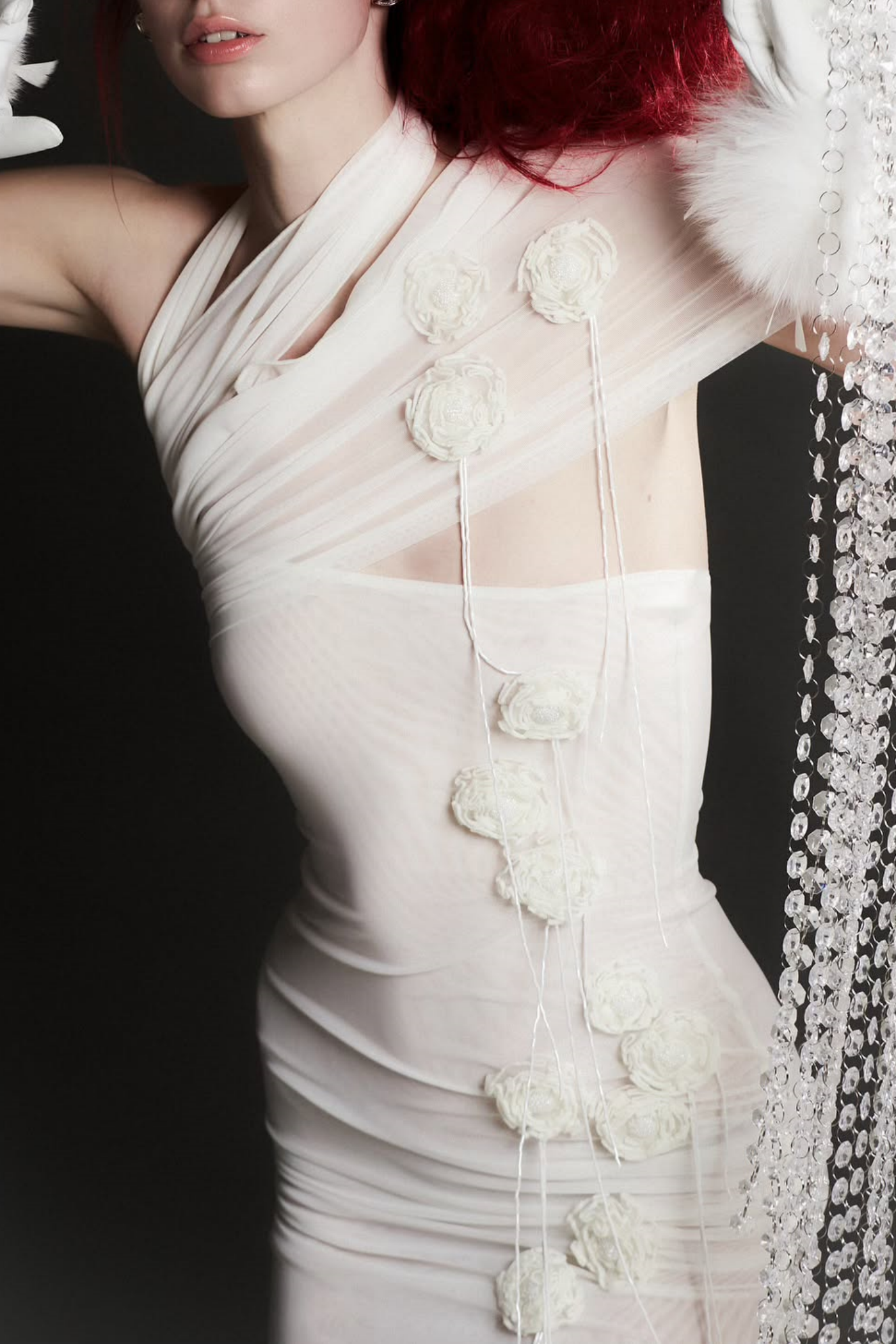 One Shoulder Floral Mesh Ruched Mini Dress