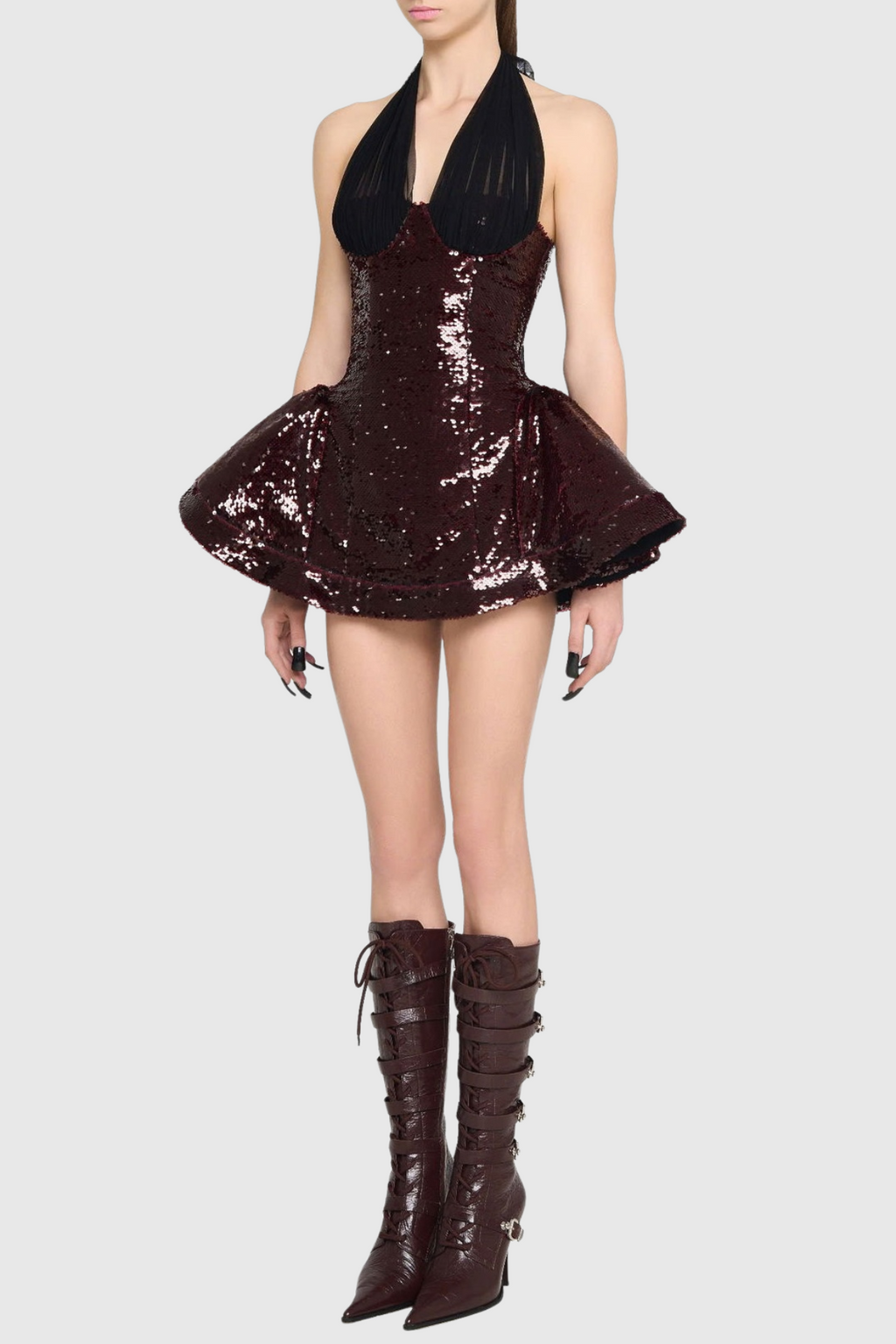 giselle sequin halter mini dress in merlot