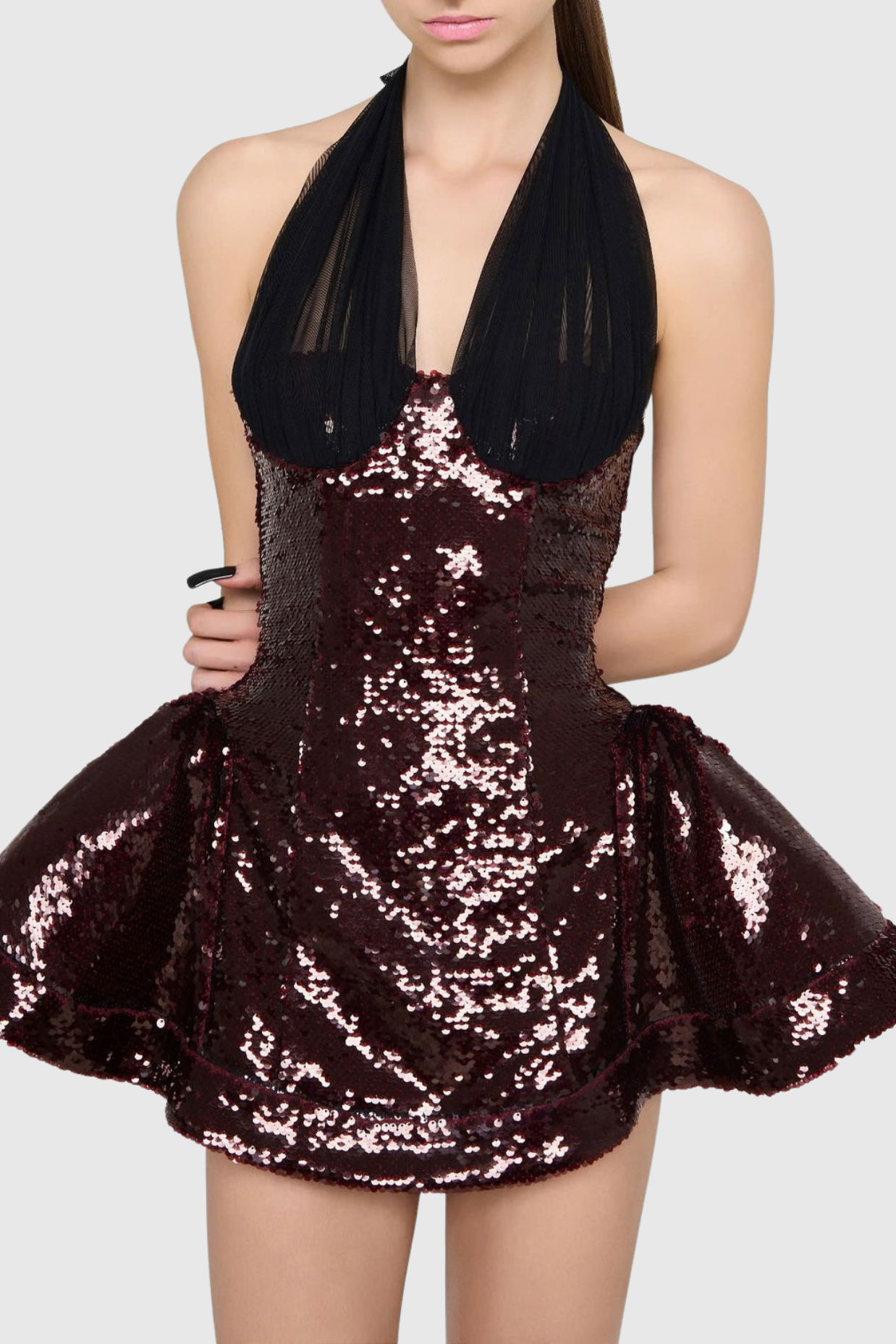 giselle sequin halter mini dress in merlot