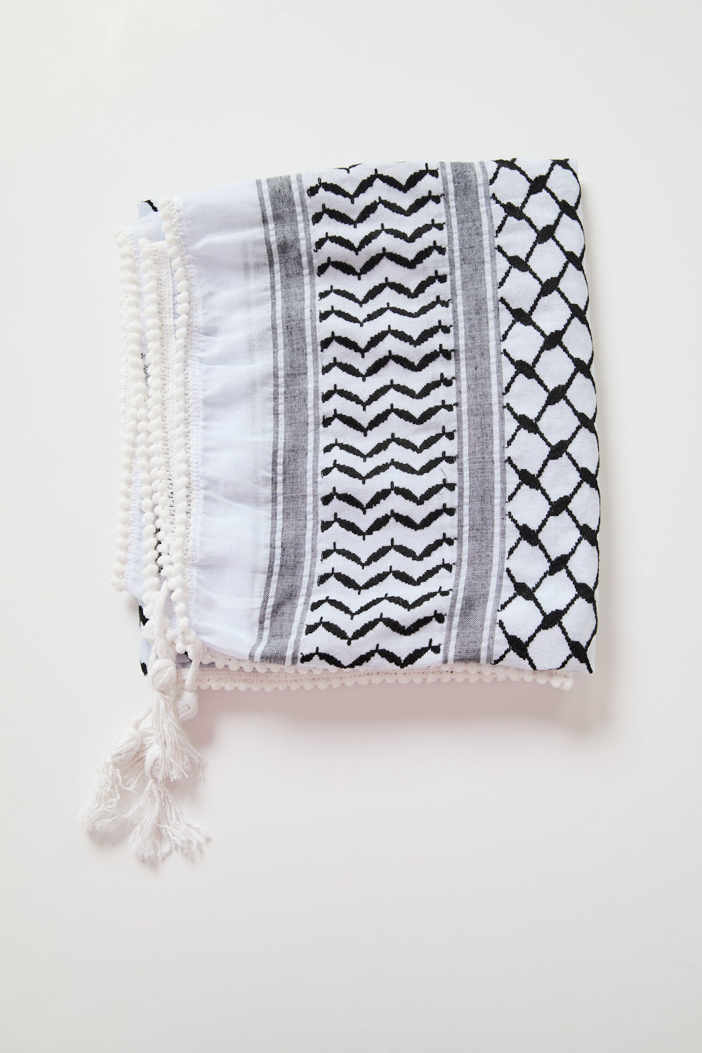 Premium Keffiyeh Scarf With Pom Pom- Black And White