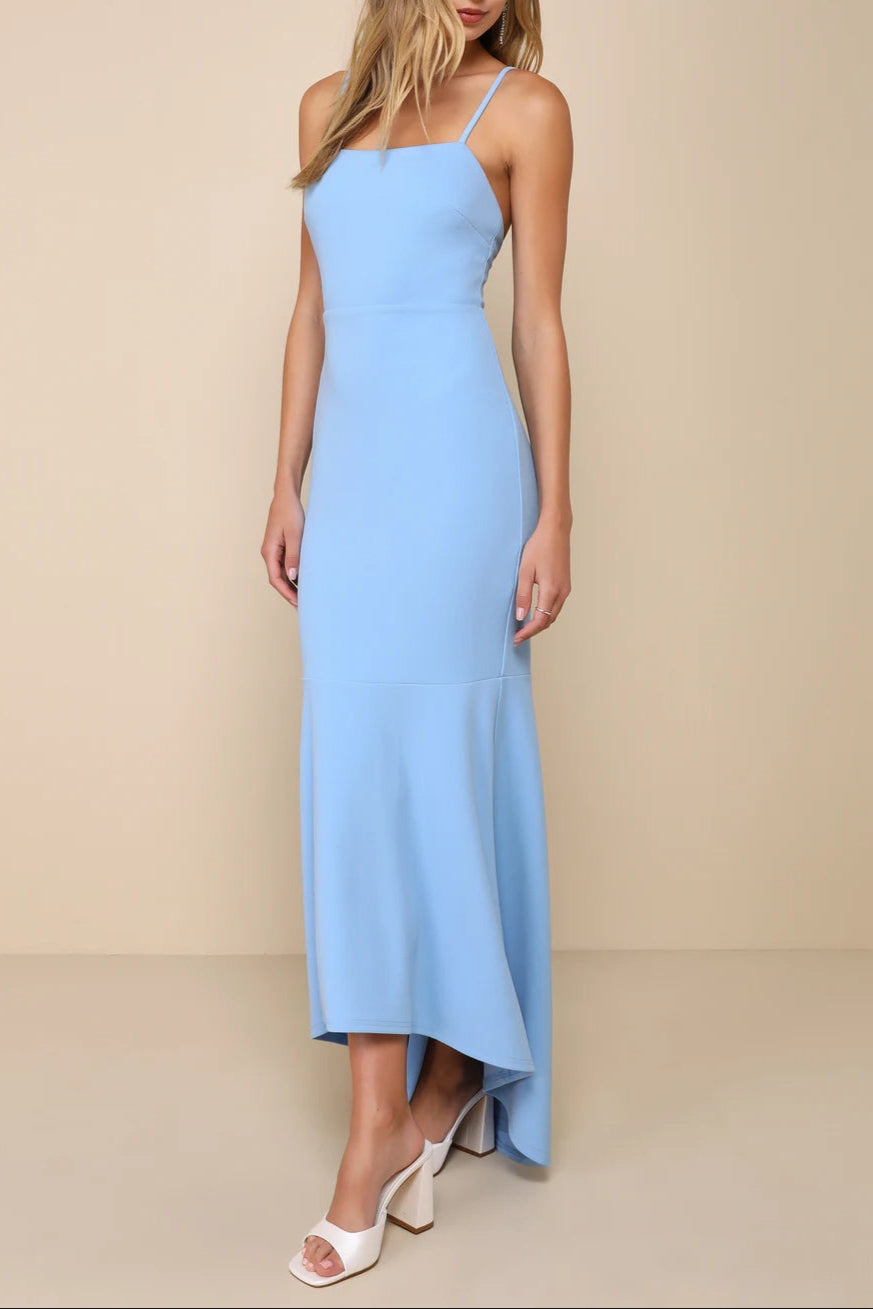 Stunning Enchantment Light Blue Backless Trumpet Hem Maxi Dress