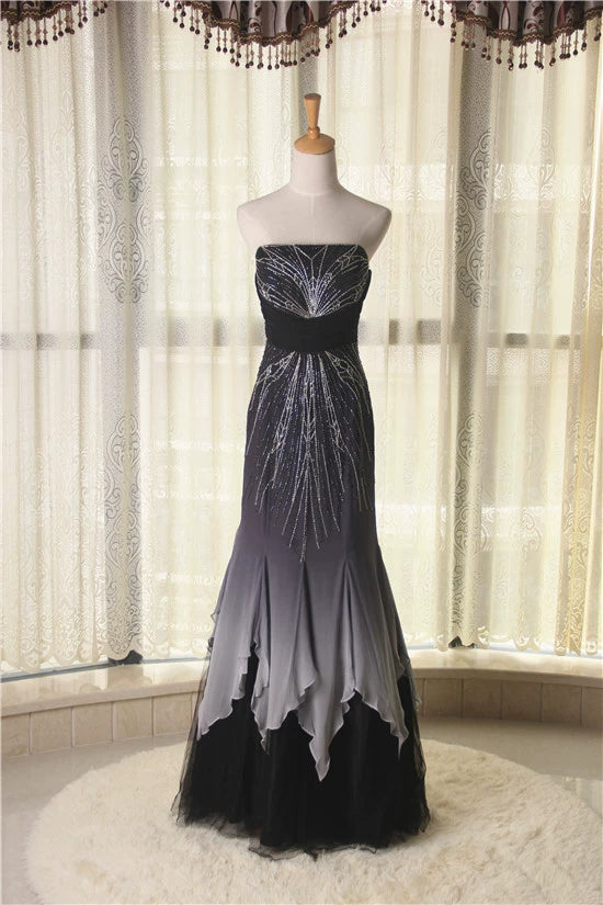 Fishtail Strapless Silk Evening Long Dress in black