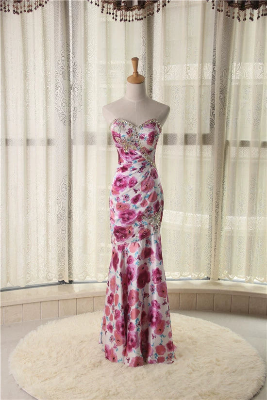 Flower-printed beaded satin fishtail skirt with back ties