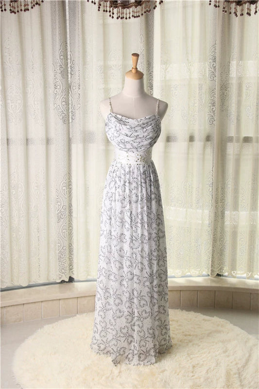 Abito lungo in chiffon di seta composita con stampa a stelle bianche e perline bohémien