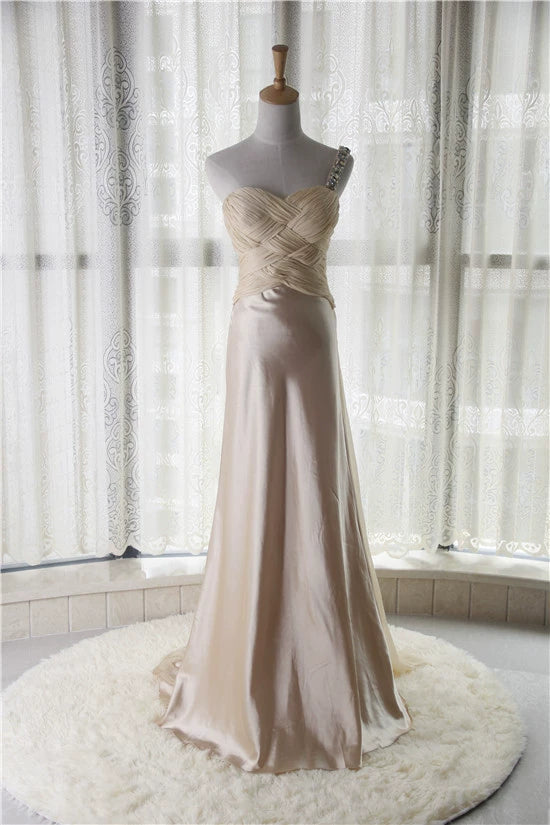 Light yellow satin one-shoulder rhinestone beaded maxi dress