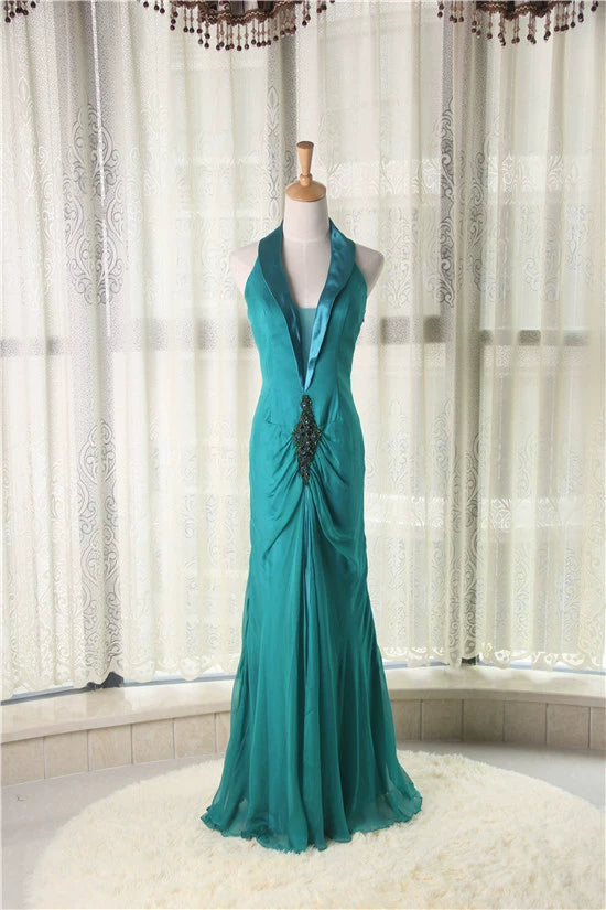Green Halter Neck Hand-Beaded Silk Evening maxi Dress