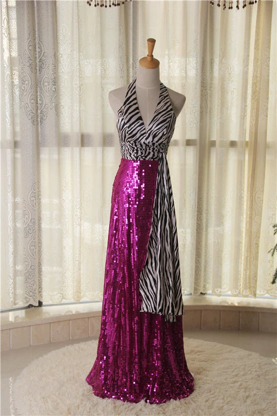 Violet Sequined Halter Neck maxi Evening Dress