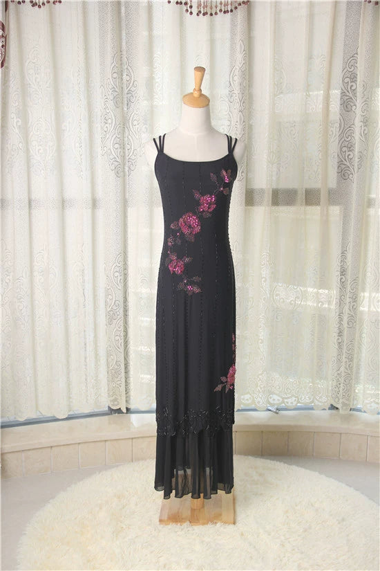 Black stretch yarn midi evening dress