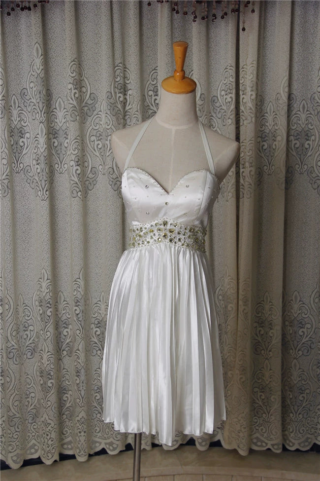 White pleated satin beading mini dress