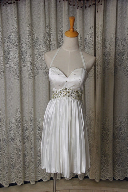 White pleated satin beading mini dress