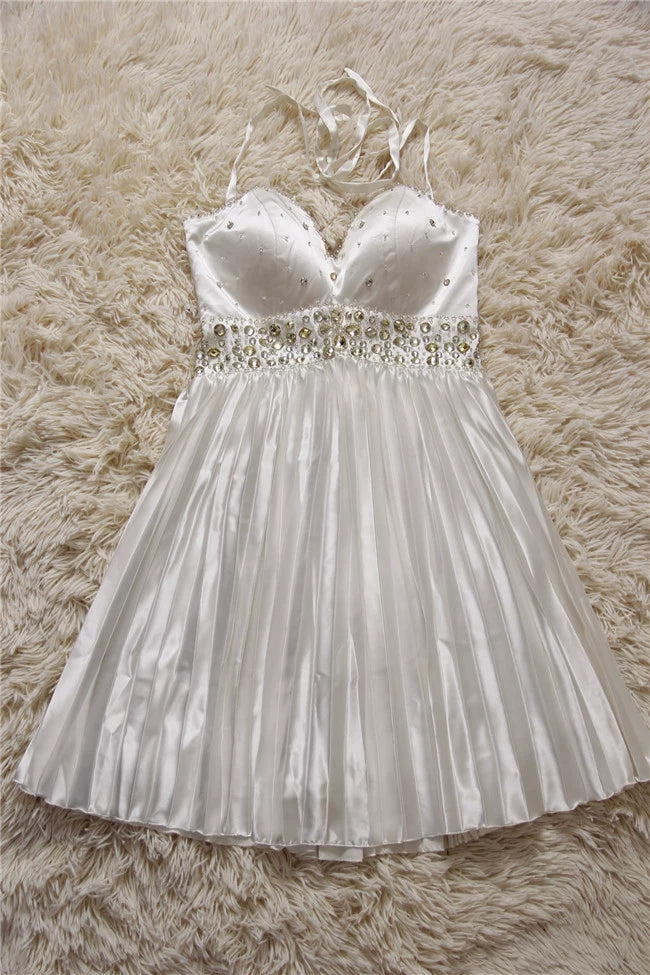 White pleated satin beading mini dress