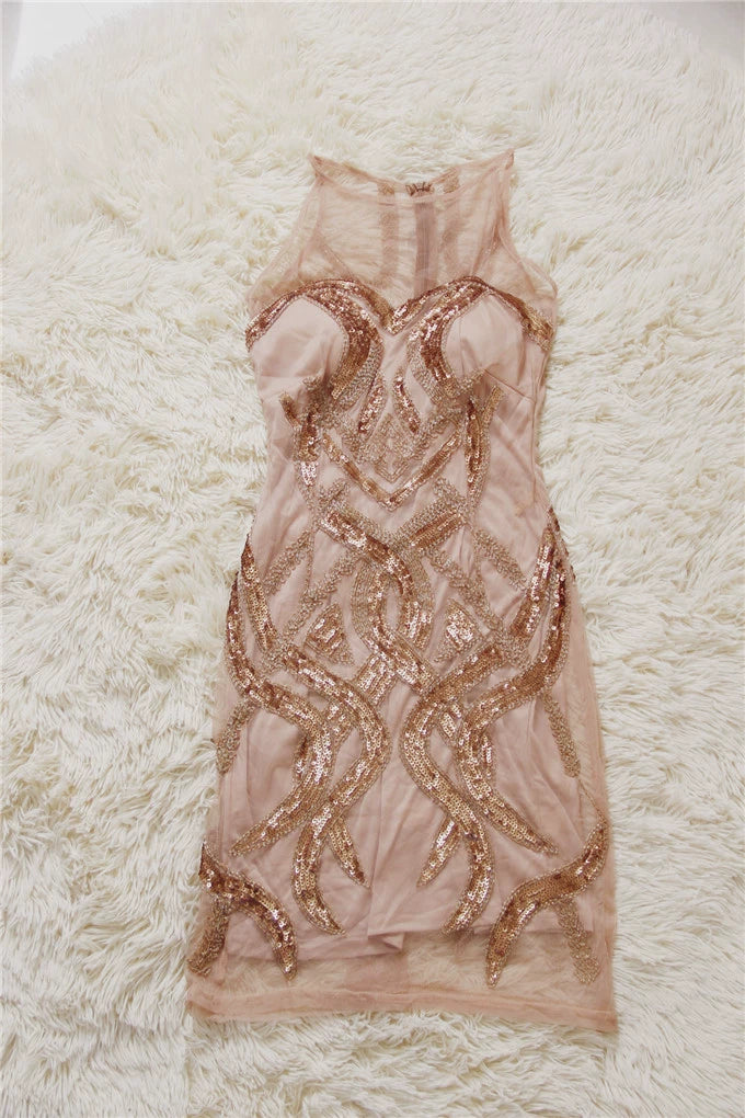 Lotus color sequined organza beaded mini dress