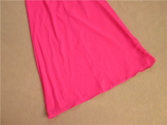 Rose red halter neck chiffon long beaded evening gown