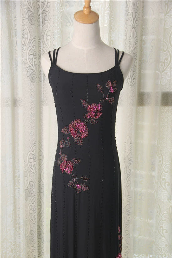 Black stretch yarn midi evening dress