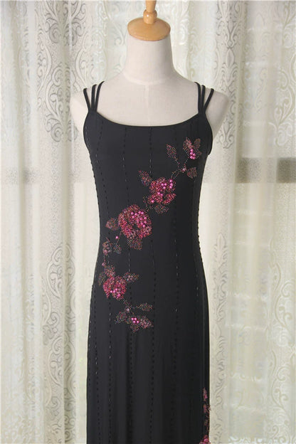Black stretch yarn midi evening dress