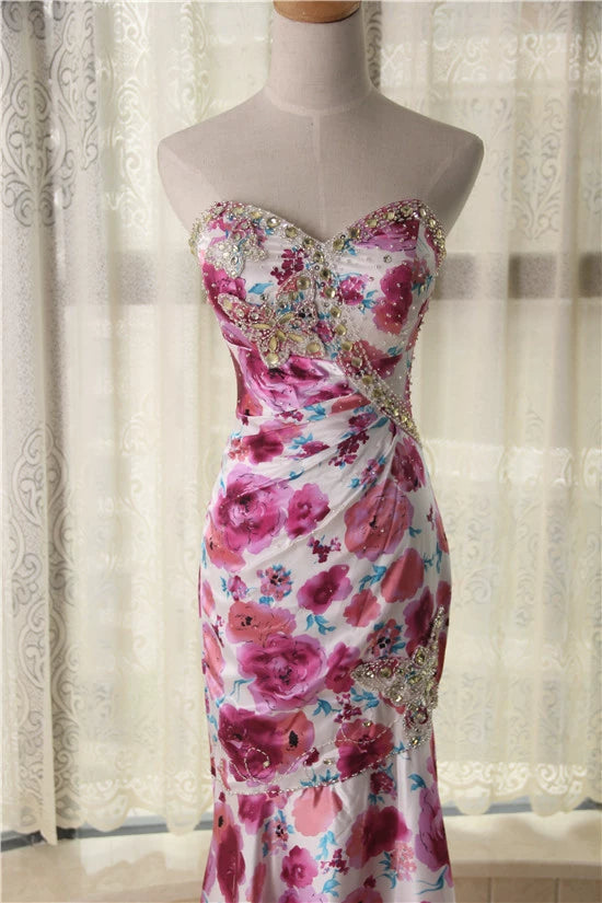 Flower-printed beaded satin fishtail skirt with back ties