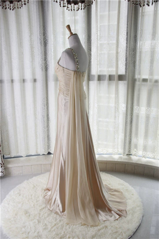 Light yellow satin one-shoulder rhinestone beaded maxi dress