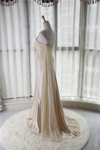 Light yellow satin one-shoulder rhinestone beaded maxi dress