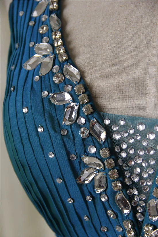 Peacock blue glass diamond shoulder chiffon maxi dress