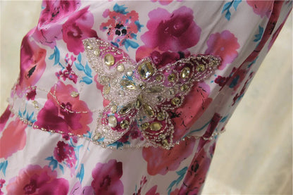 Flower-printed beaded satin fishtail skirt with back ties
