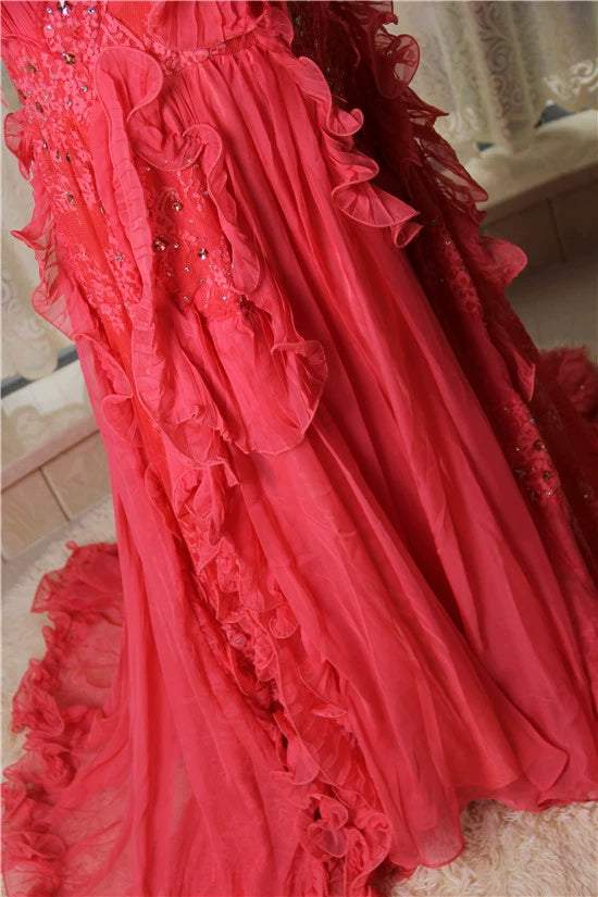 Red lace long train maxi dress
