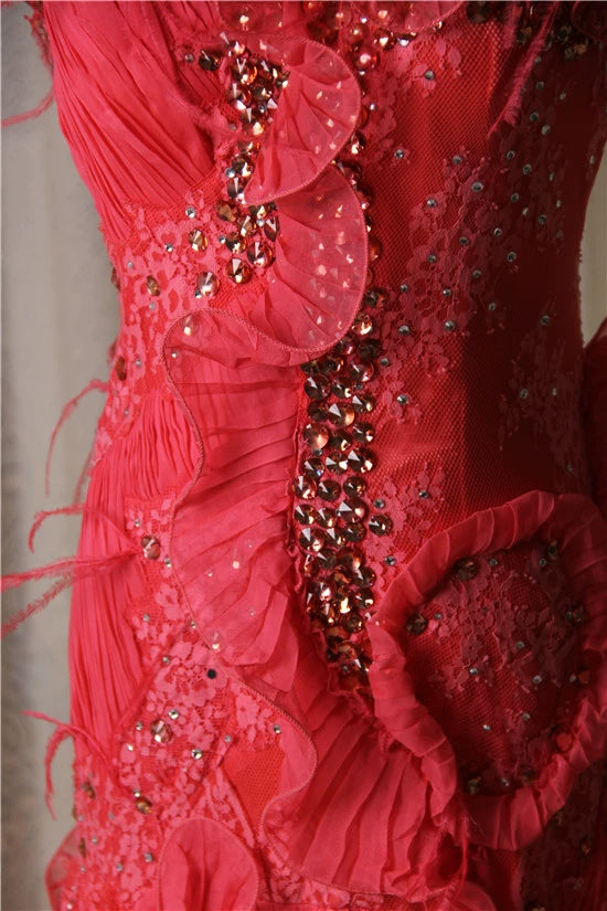 Red lace long train maxi dress