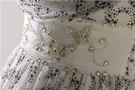 White star print composite silk chiffon bohemian beading maxi dress