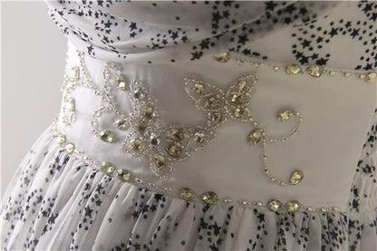 White star print composite silk chiffon bohemian beading maxi dress