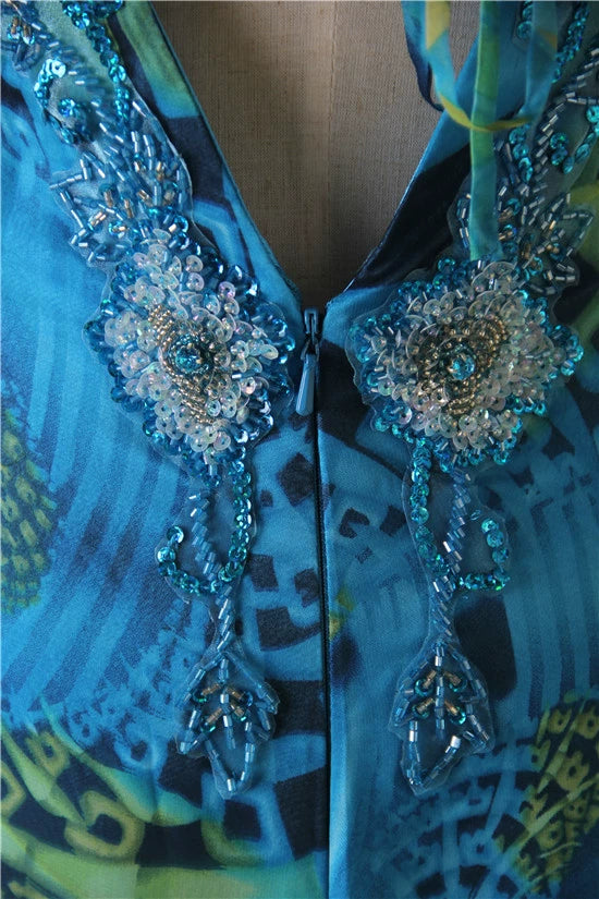 Peacock blue printed chiffon backless beaded evening dress with tie-back