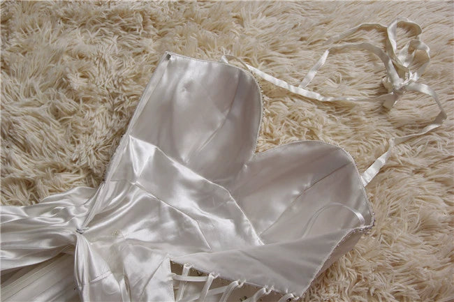 White pleated satin beading mini dress